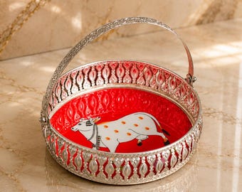 Pichwai German Silver Cow Tray | Indian Wedding Return Gift Basket, 6 and 8 Inch