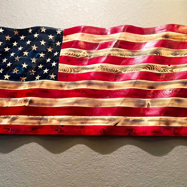 Wooden Wavy American Flag, Rustic American Flag, Military Flag, Red White and Blue, Star Spangled Banner, Veteran's Day gift, Gifts