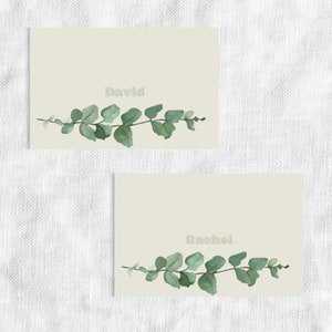 May include: Two light beige cards with the names "David" and "Rachel" printed in a dark gray font. Each card features a watercolor illustration of a green eucalyptus branch.