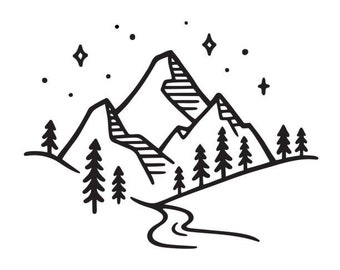 May include: A black and white line drawing of a mountain range with a river flowing through it. The mountains are surrounded by trees and there are stars in the sky.