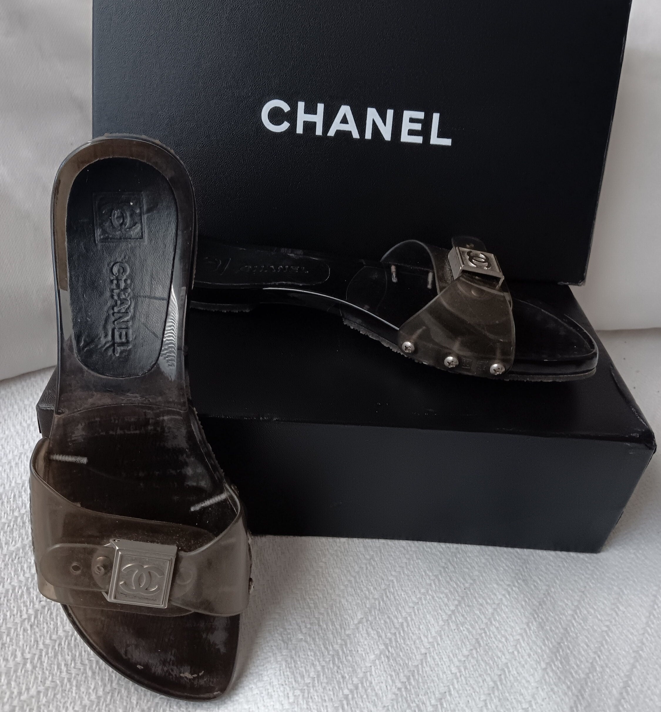 CHANEL Vintage CC Logo Sandals Mules Heels #38 US 7.5 Black