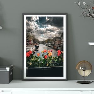 2 DIGITAL DOWNLOADS, Amsterdam, Netherlands, Urban Photography, Wall Art, Building, Canal, Tulips