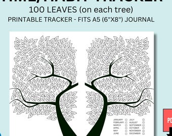 May include: Printable time and habit tracker with two tree illustrations, each with 100 leaves. The text reads "TIME/HABIT TRACKER" and "PRINTABLE TRACKER - FITS A5 (6"X8") JOURNAL". Includes a monthly checklist. The PDF icon is visible.