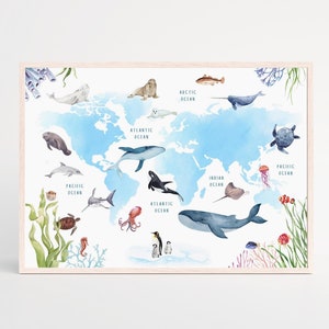 Art mural imprimé carte du monde pour chambre d'enfant, carte du monde animal océanique, carte du monde pour enfants, affiche de carte du monde, décoration de chambre d'enfant sur le thème de l'océan, décalcomanie murale carte du monde