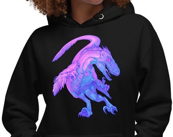 Bilociraptor Vaporwave sudadera con capucha - Velociraptor con pistolas de dedos / Camisas sutiles Bi Pride / Neón retro para paleontólogos