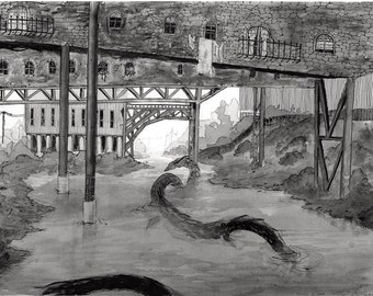 Impresión de arte de dragón: arte mural surrealista oscuro de serpiente / dibujo de tinta de fantasía oscura