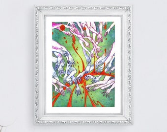 Arte de meditación: Impresión psicodélica de manos alucinantes / Arte mural extragrande, surrealista y oscuro, sobre la fuerza vital