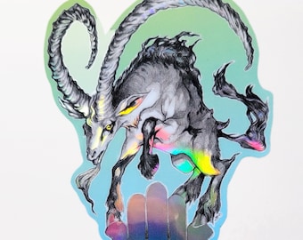 Pegatina holográfica para computadora portátil de Evil Eye Hamsa Goat - Calcomanía Holo / Pegatina críptica macabra Eldritch / Papelería pastel de Halloween
