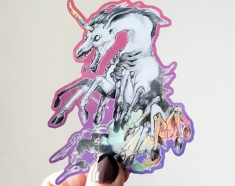 Pegatina holográfica críptica de unicornio demonio - Calcomanía holográfica de terror macabro / Papelería de Creepmas pastel