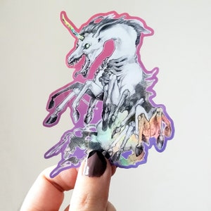 Holographic Horror Sticker of Demon Unicorn - Holo Decal / Macabre Eldritch Cryptid Sticker / Pastel Halloween Stationery