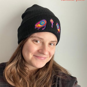 Drip Demon Beanie - Trippy Goth Winter Hat with Melting Evil Eye Embroidery in Acid Green, Black, Grey & Yellow