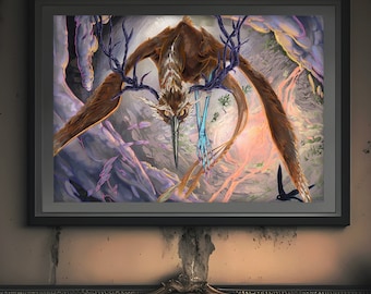 Impresión artística de monstruo - Arte mural extragrande de criatura de fantasía oscura - Grifo nórdico con astas / Decoración gótica