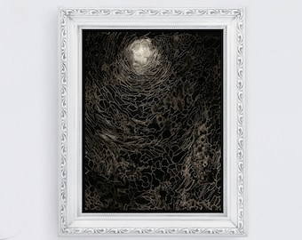 Lámina de arte oscuro: gran arte mural melancólico con un vacío psicodélico, una obra de arte alucinante y extraña, decoración gótica negra.