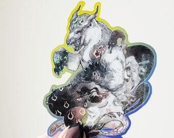 Pegatina holográfica de Demon Feral Cat Genie - Horror Holo Calcomanía / Cryptid Leopard Macabre Eldritch Horror Pegatina