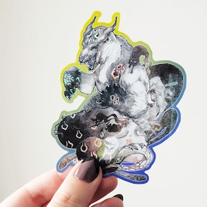 Autocollant holographique de Demon Feral Cat Genie - Horror Holo Decal / Cryptid Leopard Macabre Eldritch Horror Sticker