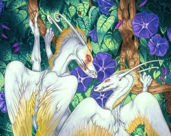 Impresión de dragón - Gran arte mural melancólico de dragones ángeles y gloria de la mañana / Pintura de fantasía oscura estética Whimsigoth de Dark Academia