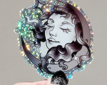 Pegatina con brillantina para rostro de mujer lunar - Tatuaje celestial / Papelería de luna de brujas / Pegatinas impermeables