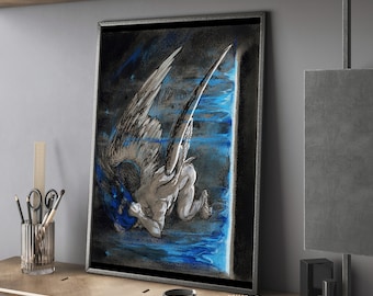 Gargoyle Dark Art Print - Surreal Angel Large Wall Art Poster / "Answers" Surrealism Drawing