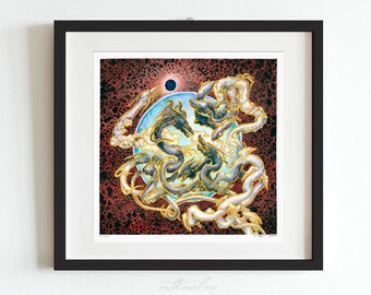 Impresión de Dragón Eclipse - Arte mural grande de dragones japoneses surrealistas / Academia oscura psicodélica / Arte de meditación alucinante