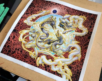 Dragon Painting - Original Art Mixed Media of Eclipse / Dark Fantasy Ink Drawing / Glow in the Dark Art