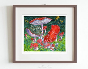 Arte mural de hongos: láminas de amanita muscaria y sapos / Decoración de pared con un toque melancólico y oscuro de Goblincore