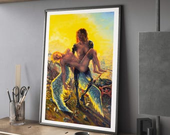 Lámina de arte cíborg - Arte mural distópico / Pintura al óleo de ciencia ficción "Lamentación de Gea" / Estética ciberpunk