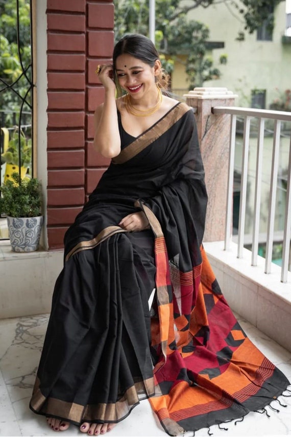 Designer Black Cotton Soft Silk Saree Indian Saree for Women - Etsy