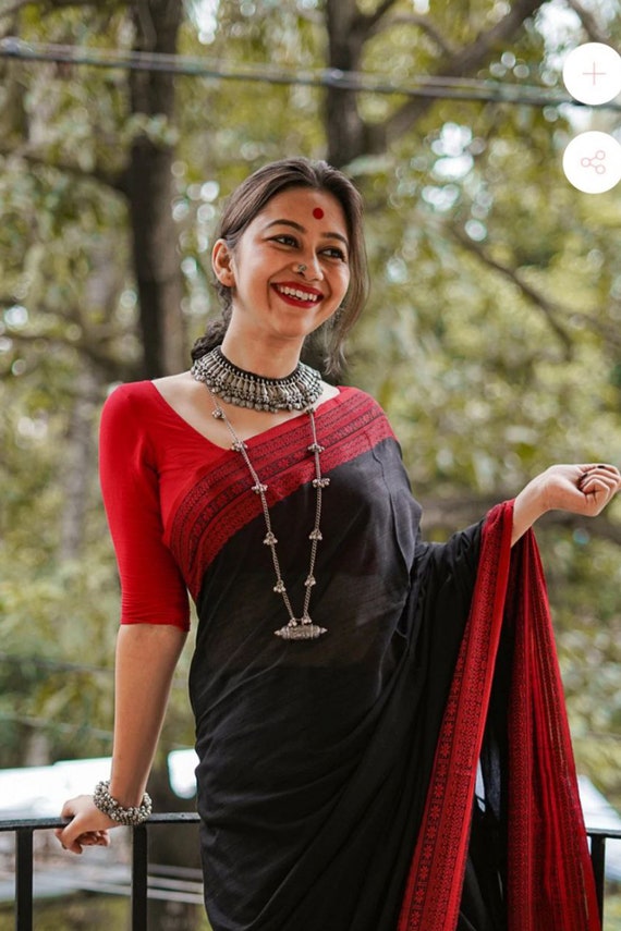 Black and Red Colour Soft Cotton Silk Weaving Work Saree - Etsy UK