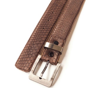 May include: A brown leather belt with a silver buckle. The belt is made of snakeskin.