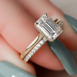 2 Ct Emerald Cut Moissanite Wedding Ring Set, Moissanite Engagement Ring Set, Vintage Bridal Set, Art Deco Matching Bands, 14k/18k Gold Ring