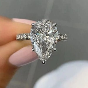 3.0 CT Pear Cut Moissanite Engagement Ring Pear Moissanite Diamond Ring Hidden Halo Ring 14K White Gold Prong Setting Ring Christmas Gift