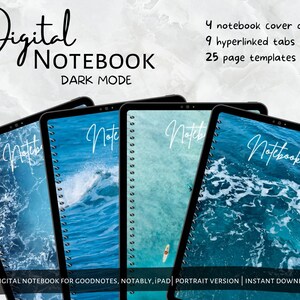 Pode incluir: Quatro capas de caderno digital com um design de onda de oceano azul. O texto "Caderno digital" e "Modo escuro" é exibido na parte superior da imagem. O texto "Caderno" é exibido em cada capa. O texto "4 designs de capa de caderno, 9 guias hiperligadas, 25 modelos de página" é exibido na parte superior direita da imagem.