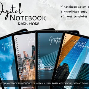 Digitales Notizbuch, interaktives PDF-Notizbuch, mit Hyperlinks versehene Tabs für Goodnotes, insbesondere. Für Schülernotizen. Dark Mode - Gebäude SKylines