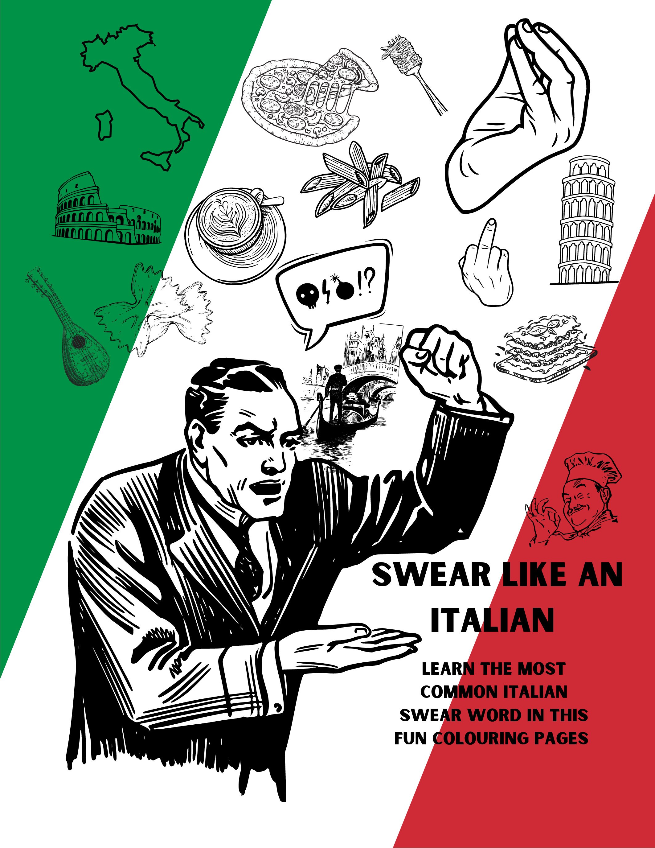 Printable Adult Colouring Pages, Instant Download, 19x Fun Italian Swear Word With Translation