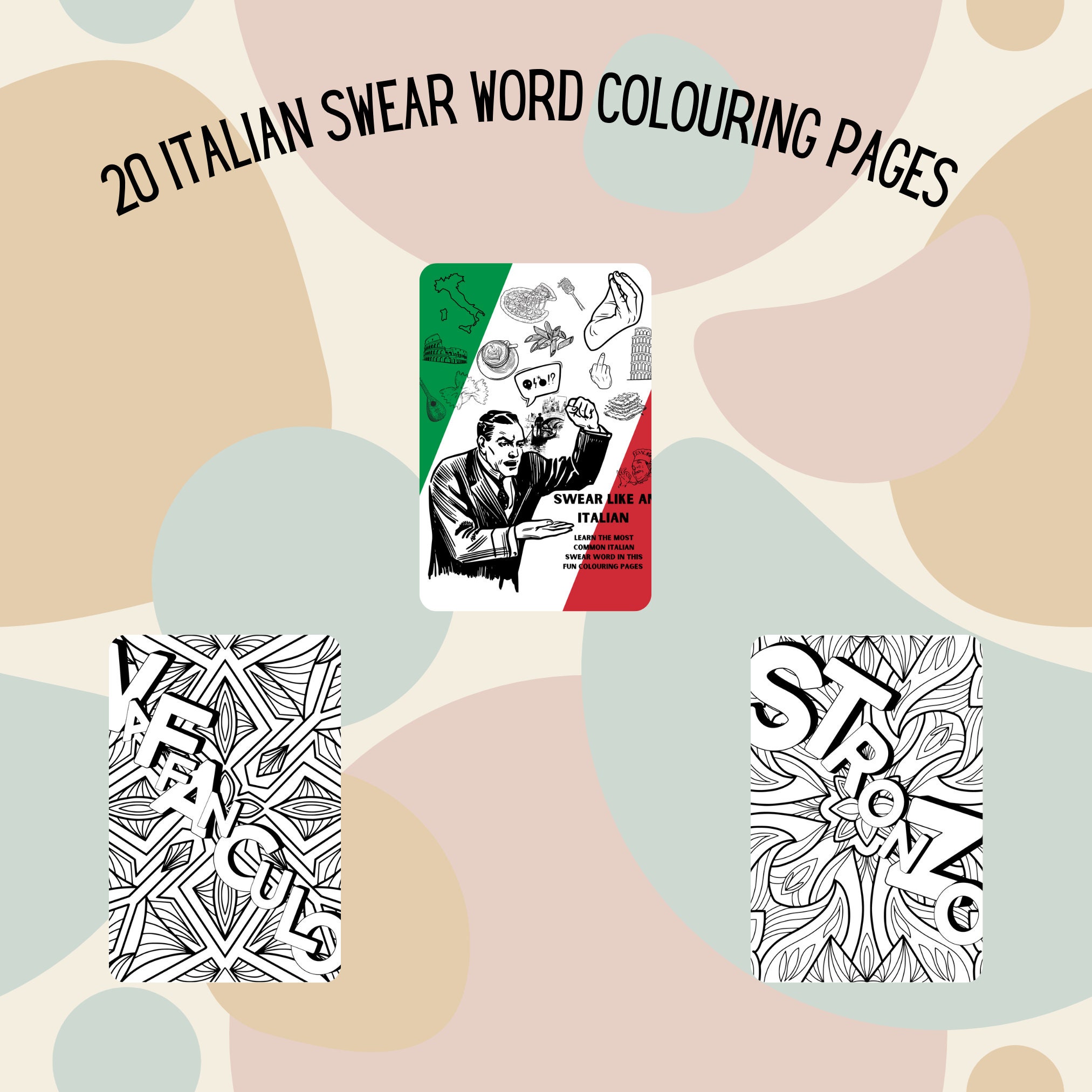Printable Adult Colouring Pages, Instant Download, 19x Fun Italian Swear Word With Translation