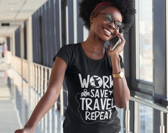Koszulka Work Save Travel Repeat, koszulka podróżna, koszulka wakacyjna, koszulka podróżna samolotem, prezent na wakacje, koszulka podróżna samolotem, koszula podróżna
