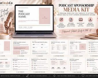 May include: A digital podcast sponsorship media kit template displayed on a laptop screen, featuring twelve editable pages with blush pink accents. The layout includes sections for show details, audience demographics, listener profiles, and partnership menus.