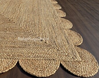 Naturbelassener Jute-Teppich mit Wellenkante, handgeflochtener Jute-Teppich, Boho-Landhaus-Teppich, Küsten-Teppich, Jute-Teppich mit abgerundeten Kanten, Teppich nach Maß