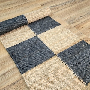 geruite natuurlijke jute henneploper, tapijt trapdecor, woonkamerloper, hennepjute tapijten, groot vloerkleed, deurmat