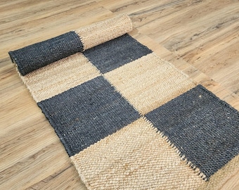 Checkered Jute Hemp Runner Rug, Handwoven Stair Decor
