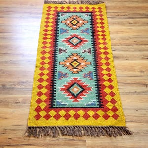 Handwoven Wool Jute Kilim Runner Rug: Aztec Boho Decor