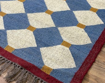 Handmade Kilim Wool Jute Rug | Teal White Yellow Boho Flatweave Rug Reversible Dhurrie Runner