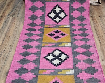 Handwoven Wool Jute Runner Rug, Navajo Kilim Aztec Design