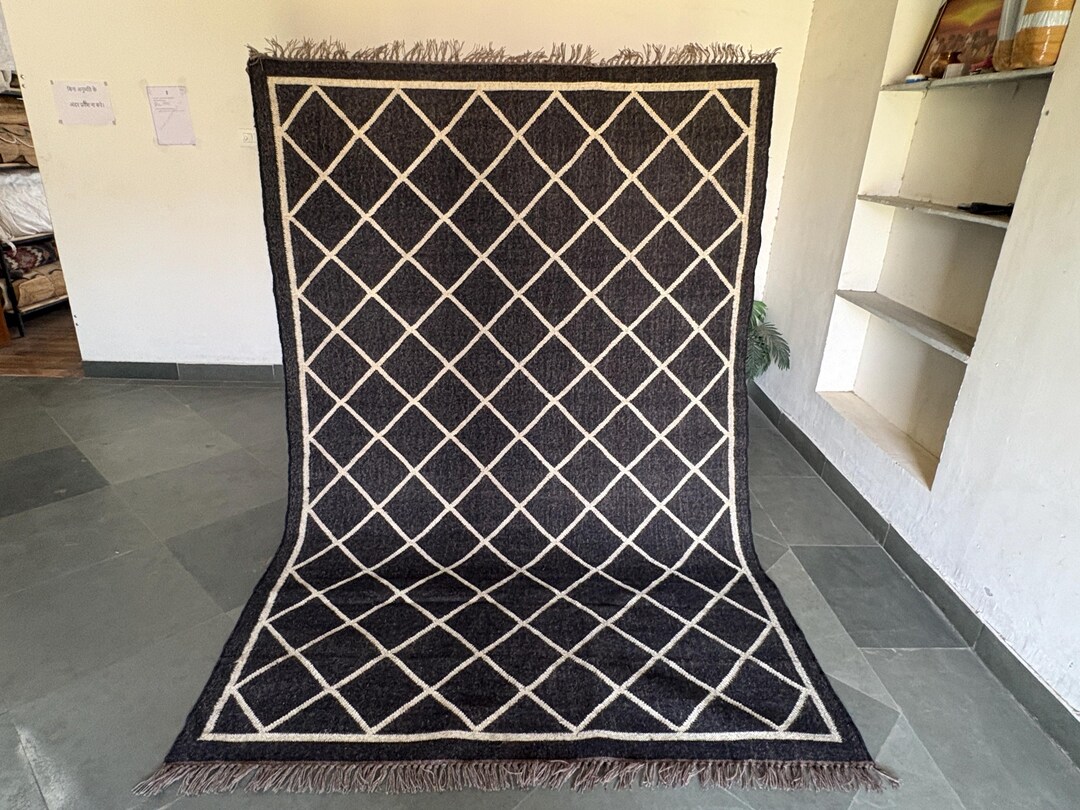 Berber Rug Pattern Black and Ivory Kilim Rug - Handmade Moroccan Wool Rug - Dimond Pattern ...