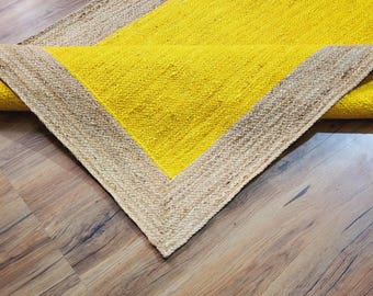 Handwoven Natural Jute Rug Yellow Jute Braided Rug Bohemian Jute Rug  Jute Area Rug, Square Jute rug Custom Size Rug Rectangular Jute Rug