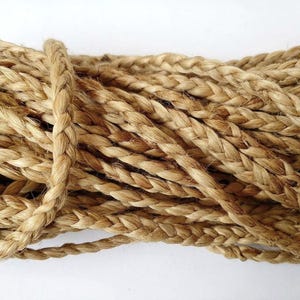 May include: A coiled length of natural tan jute rope featuring a tight, three-strand braided construction. The fibers exhibit a fibrous, textured appearance with varying shades of light brown and golden tan throughout the braided cord.