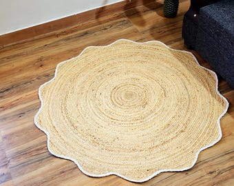 Handwoven Jute Round Rug: Scalloped Boho Area Rug
