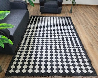 Checkered Handwoven Kilim Rug Wool Jute, Bohemian Dhurrie Rug, Vintage Indian Rug, Natural Fiber Area Rug, Custom Sizes Available