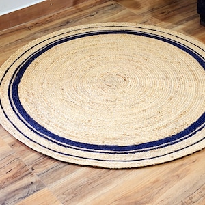 Handmade  Rustic Round Blue Ring Border Jute Rug Living Room  Natural Jute Braided Rug, Round Area rug Bohemian Rug Eco Friendly Non Slip