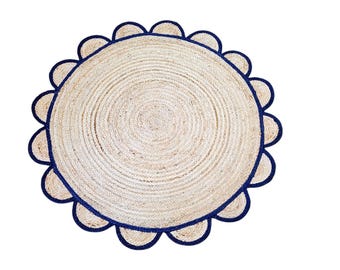 Handwoven Round Jute Rug: Scalloped Boho Area Rug